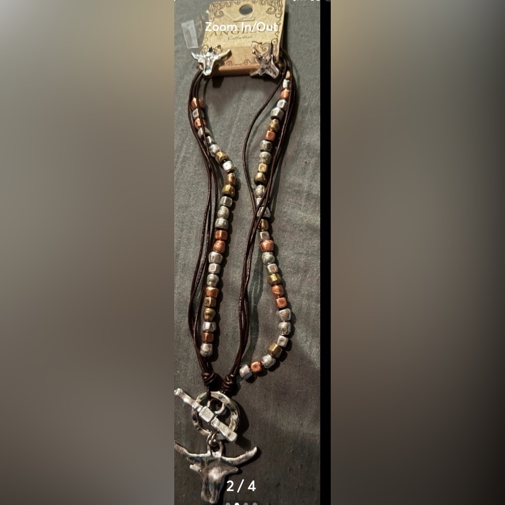 Metallic Beaded Necklace with Leather Strands